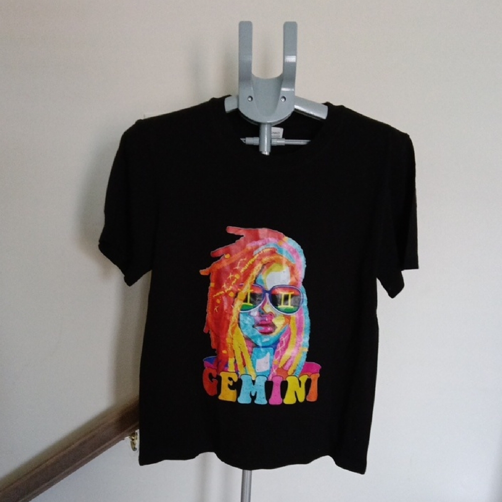 Black Gemini Graphic Tee with Colorful Portrait